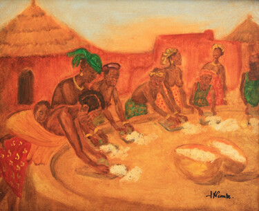 Ζωγραφική με τίτλο "Râpeuses de mil." από Jean Xavier Combe, Αυθεντικά έργα τέχνης, Λάδι Τοποθετήθηκε στο Ξύλινο φορείο σκελ…