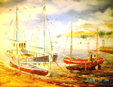 Peinture intitulée "le chalutier bleu" par Jean Pierre Goasdoue, Œuvre d'art originale, Huile
