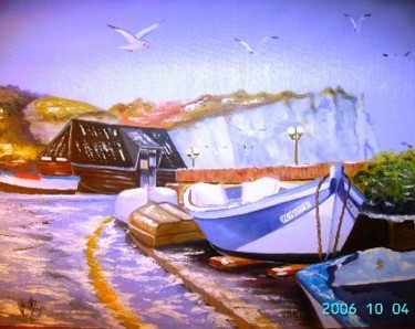 Painting titled "la barque bleue" by Jean Pierre Goasdoue, Original Artwork, Oil
