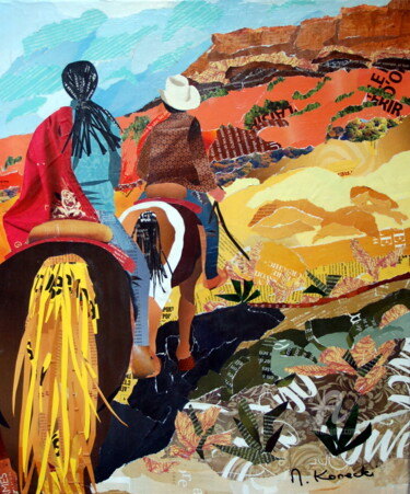 Collages intitulée "Randonnée équestre" par Maryse Konecki, Œuvre d'art originale, Collages