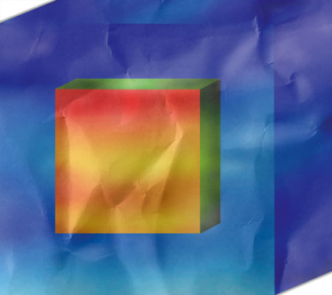 CUBE IN REDS ON BLUE ON IRREGULAR PLANE Digital Arts titled "CUBE IN REDS ON BLU…" by Vicent Creatik, Original Artwork, Digital Painting