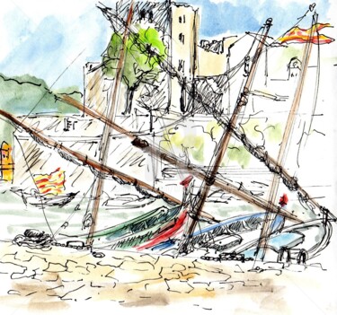 Dessin intitulée "Collioure : les bar…" par Anne-Marie Mary, Œuvre d'art originale, Encre