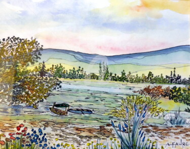 ETANG EN LUBERON Painting titled "ETANG EN LUBERON" by Alain Faure, Original Artwork, Watercolor Mounted on Other rigid panel