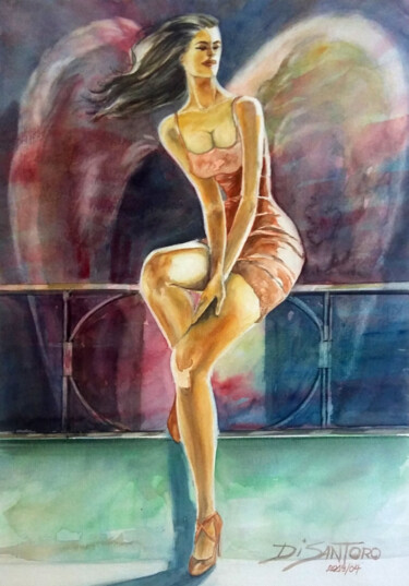 Mulher esperando Painting titled "Mulher esperando" by Paulo Di Santoro, Original Artwork, Watercolor