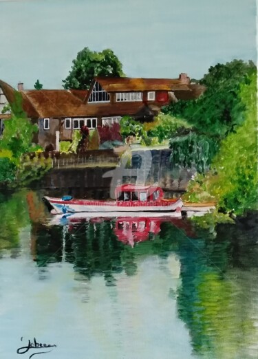 Painting titled "Bateau sur la Tamise" by Isabelle Lucas, Original Artwork, Oil Mounted on Wood Stretcher frame