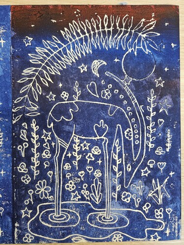 Prenten & gravures getiteld "Cerf bleu" door Brigitte Choanier, Origineel Kunstwerk, Linosnede Gemonteerd op Plexiglas