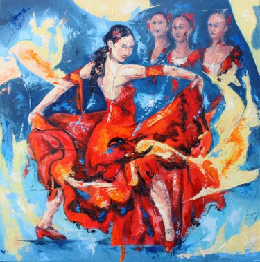 绘画 标题为“1227 Flamenco aux 3…” 由Jean-Luc Lopez, 原创艺术品, 油 安装在木质担架架上