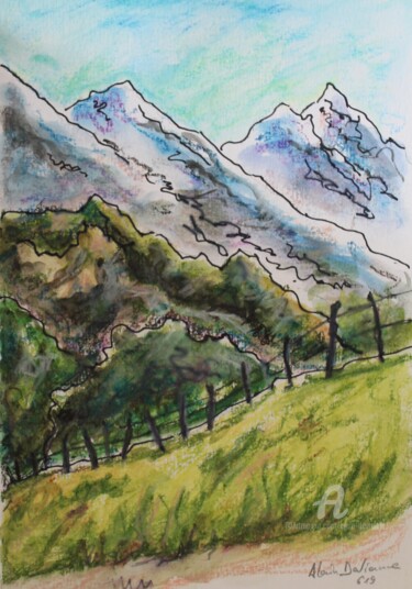 Dessin intitulée "QUELQUES MONTAGNES" par Alain Devienne, Œuvre d'art originale, Crayon
