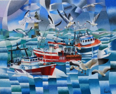 Peinture intitulée "PECHE SUR L OCEAN" par Jean Rougerie, Œuvre d'art originale, Huile