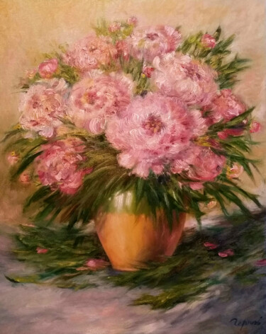 Still life with Pink peonies Malerei mit dem Titel "Still life with Pin…" von Yevhenii Chernov, Original-Kunstwerk, Öl Auf Keilrahmen aus Holz montiert