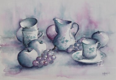 Painting titled "Porcelaines et frui…" by Marie-Charlotte Houpeurt-Chauffeté, Original Artwork, Watercolor