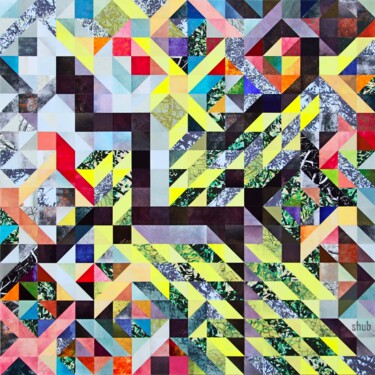 Collages titled "Pixel blues Origine" by Shub, Original Artwork, Collages Mounted on Wood Stretcher frame
