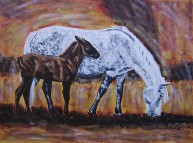 Jument et son poulain en Camargue Painting titled "Jument et son poula…" by Bruno Lemasson, Original Artwork, Acrylic Mounted on Wood Stretcher frame