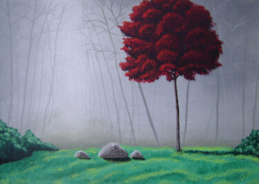Painting titled "Brouillard en forêt" by Bruno Lemasson, Original Artwork, Acrylic Mounted on Wood Stretcher frame