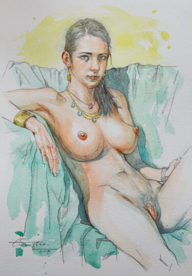 绘画 标题为“sitting on sofa” 由Hongtao Huang, 原创艺术品, 水彩