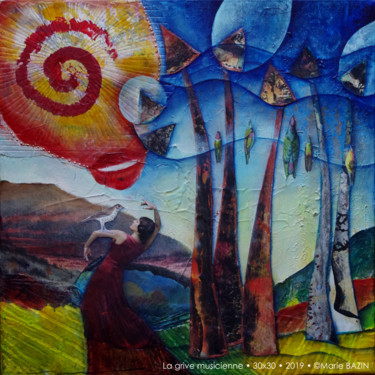 Painting titled "LA GRIVE MUSICIENNE" by Marie Bazin, Original Artwork, Acrylic Mounted on Wood Stretcher frame