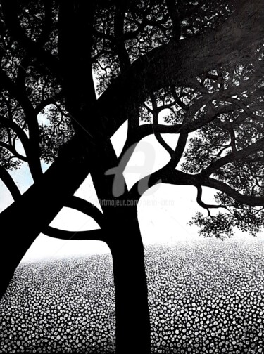 Painting titled "Arbre et lumière vé…" by Henri Ibara, Original Artwork, Acrylic Mounted on Wood Stretcher frame