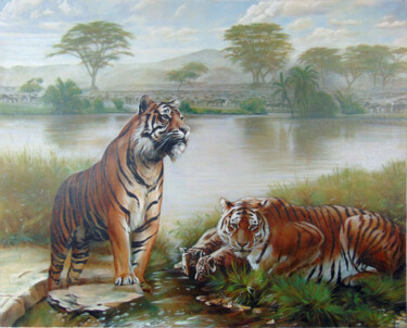 Картина под названием "Tigers by the river" - Sergey And Vera, Подлинное произведение искусства, Масло