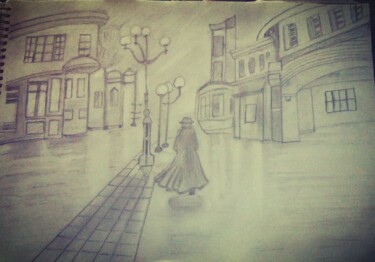Drawing titled "Rainy night in an a…" by Krishna Art Gallery, Original Artwork, Charcoal