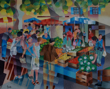 Peinture intitulée "Marché d'occitanie…" par Jean Rougerie, Œuvre d'art originale, Huile Monté sur Châssis en bois