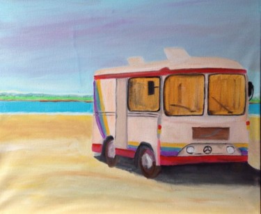 Malerei mit dem Titel "Bus sur plage" von Frédérique Cretin (Fé), Original-Kunstwerk, Öl