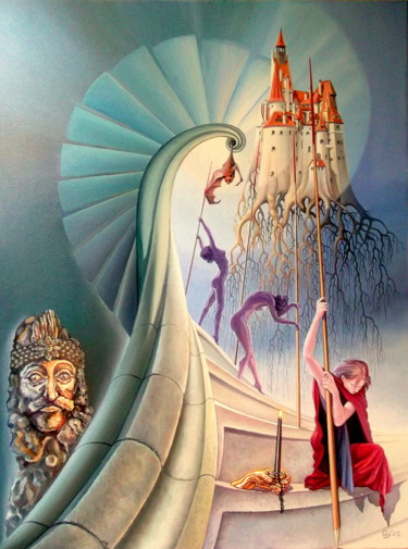 Painting titled "A fake legend" by Gyuri Lohmuller, Original Artwork, Oil Mounted on Wood Stretcher frame