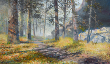 Painting titled "Warm Autumn" by Sergey Lutsenko, Original Artwork, Oil Mounted on Wood Stretcher frame