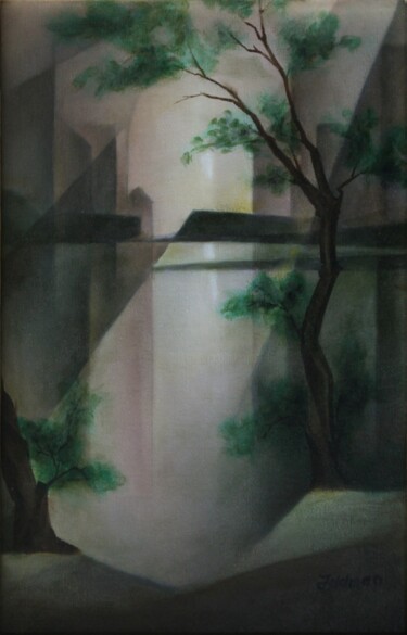 Painting titled "City lake" by Isaac Feldman, Original Artwork, Oil Mounted on Wood Stretcher frame