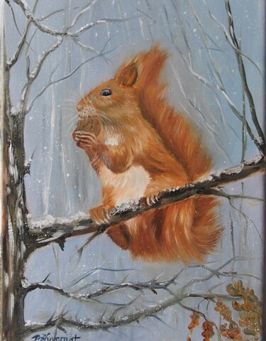 écureuil roux en hiver - huile sur toile originale signée Painting titled "écureuil roux en hi…" by Patricia Giroldini Hyvernat, Original Artwork, Oil
