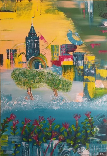 Summer / Summer Flood/ Two trees / İn the city/ Life Картина под названием "Summer / Summer Flo…" - Art Levka, Подлинное произведение искусства, Акрил
