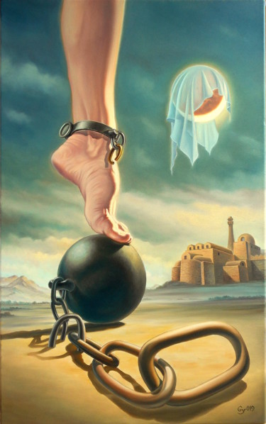 Painting titled "Unchaining" by Gyuri Lohmuller, Original Artwork, Oil Mounted on Wood Stretcher frame