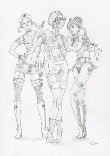 Dessin intitulée "Trois infirmières" par Julien Cachemaille, Œuvre d'art originale, Crayon