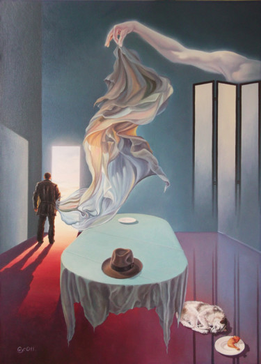Painting titled "No appetite" by Gyuri Lohmuller, Original Artwork, Oil Mounted on Wood Stretcher frame