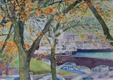 La rue neuve en automne Peinture intitulée "La rue neuve en aut…" par Claude Marchalot, Œuvre d'art originale, Aquarelle Monté sur Verre