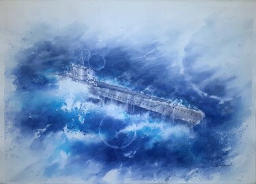 Pittura intitolato ""Emersione - U-Boat…" da Valerio Scarapazzi, Opera d'arte originale, Acquarello
