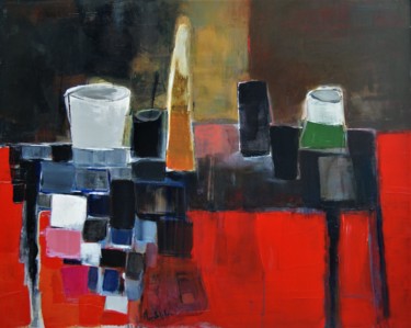 Table et nappe à carreaux sur sol rouge Peinture intitulée "Table et nappe à ca…" par Hervé Marchelidon, Œuvre d'art originale, Acrylique Monté sur Panneau de bois