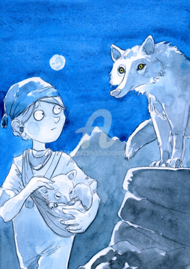 Walter et la louve Peinture intitulée "Walter et la louve" par Julien Cachemaille, Œuvre d'art originale, Aquarelle