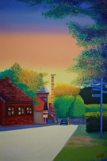 Painting titled "Sunset in Cesis" by Alisa Burachuk, Original Artwork, Oil