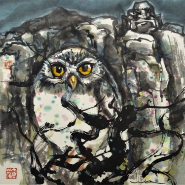 Peinture intitulée "Hibou surréaliste" par Wa Wong, Œuvre d'art originale, Encre