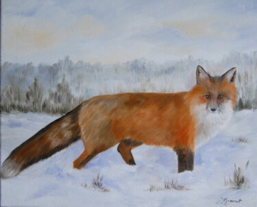 renard roux en hiver- huile sur toile originale Painting titled "renard roux en hive…" by Patricia Giroldini Hyvernat, Original Artwork, Oil Mounted on Wood Stretcher frame