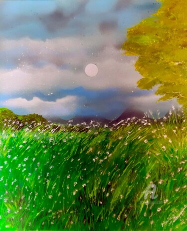 " Automne en vert " Painting titled "" Automne en vert "" by Mounia Loukriss, Original Artwork, Acrylic Mounted on Wood Stretcher frame