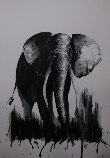 图画 标题为“Éléphant : L257” 由Laou, 原创艺术品, 墨