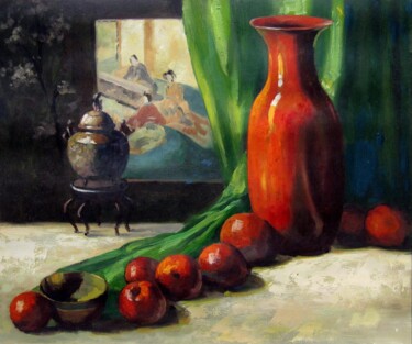 绘画 标题为“Fruit and china 110” 由Lermay Chang, 原创艺术品, 油 安装在木质担架架上