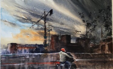 Pittura intitolato "il motociclista - l…" da Manu Toxxic, Opera d'arte originale, Acquarello