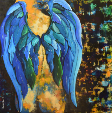 绘画 标题为“My Blue Wings Angel” 由Sabine Vandermouten (Sabine.V), 原创艺术品, 丙烯 安装在木质担架架上