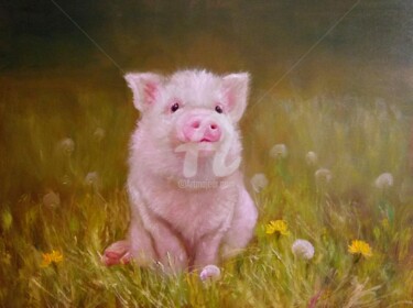 BABY PIG OIL PAINTING, CUSTOM PET CANVAS, PINK PIG Schilderij getiteld "BABY PIG OIL PAINTI…" door Anastasia Akunina, Origineel Kunstwerk, Olie