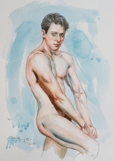 Pintura intitulada "Young man #191118" por Hongtao Huang, Obras de arte originais, Aquarela