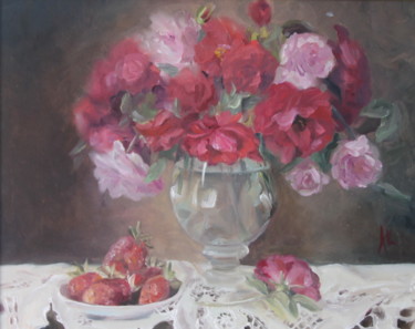 Roses and strowberry Peinture intitulée "Roses and strowberry" par Anastasia Kolesnikova, Œuvre d'art originale, Huile