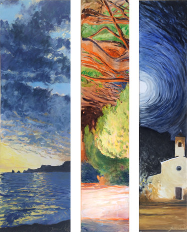 Malerei mit dem Titel "triptyque Porquerol…" von Jean-Charles Dutelle, Original-Kunstwerk, Öl