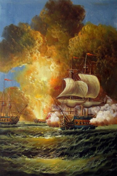 绘画 标题为“Naval battle 105” 由Lermay Chang, 原创艺术品, 油 安装在木质担架架上